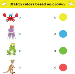 Match the color of the animal's crown. Educational game for color recognition
