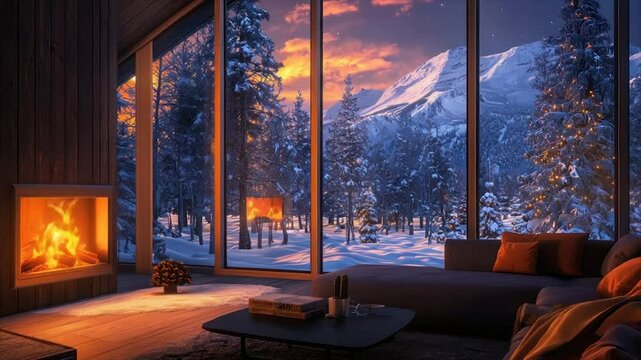 Cozy winter cabin living room with fireplace and mountain view.  A warm, inviting space with a crackling fireplace, plush seating, and panoramic views of a snowy mountain landscape.  Winter wonderland