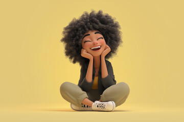 A happy cartoon girl with an afro smiles, radiating joy on a yellow backdrop.