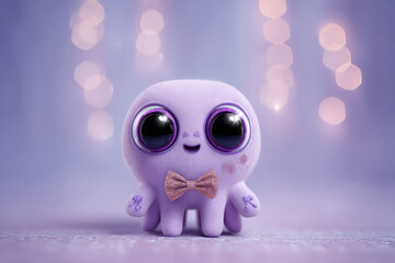 The adorable purple octopus creature with its big eyes and a sparkly bow tie smiles.