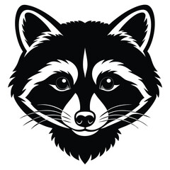 A stylized black and white raccoon face looks straight ahead in this artful image