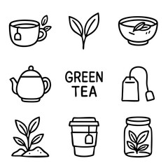 A set of doodle line icons showing green tea, herbal leaves, tea bags, teapots, cups, natural ingredients, and organic beverage elements