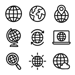 A set of doodle line icons featuring globe, world map, global communication, geography, internet, location, and worldwide connection