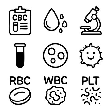 A set of doodle line icons showing complete blood count (CBC) concepts including RBC, WBC, platelets, lab samples, and microscope