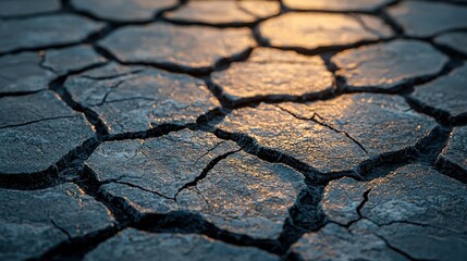 Close-up view of cracked, dark gray earth, sunlit