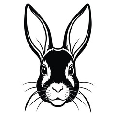 A monochrome rabbit face with large ears stares forward, a detailed black image