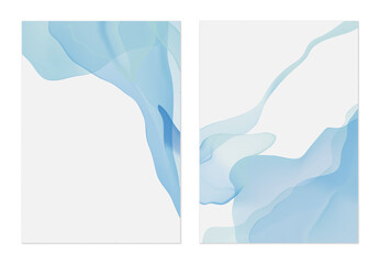 Minimalist abstract background, flowing forms with a translucent watercolor effect in shades of blue on a light gray background