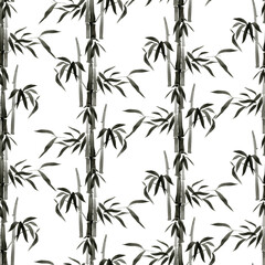 Watercolor bamboo leaves seamless pattern on white background. Hand drawn rustic botanical illustration. Can be used for wedding, birthday, greeting cards, textile, templates and cosmetic.