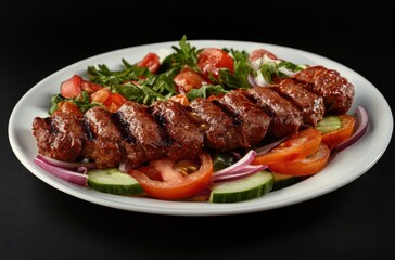 Delicious beef kebab with fragrant spices, served with colorful vegetable salad, 