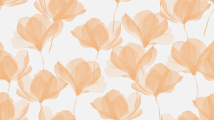 Floral seamless pattern features translucent magnolia flowers in shades of orange on a soft yellow background. The flowers have a painterly, slightly abstract quality
