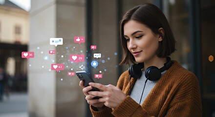 Woman Using Phone with Social Media Icons