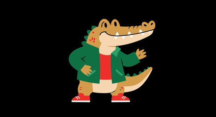 Cartoon Vector SVG Illustration of Crocodile Alligator Character in a Green Jacket and Red Shoes Modern Flat Design