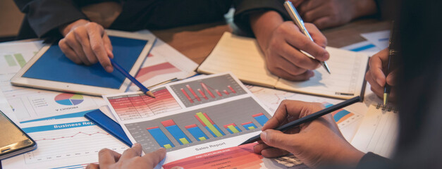 Banner diversity business people brainstorming meeting in conference room. Panorama multiracial businesspeople meeting discuss team partner. Happy asian caucasian team in meeting room with copy space