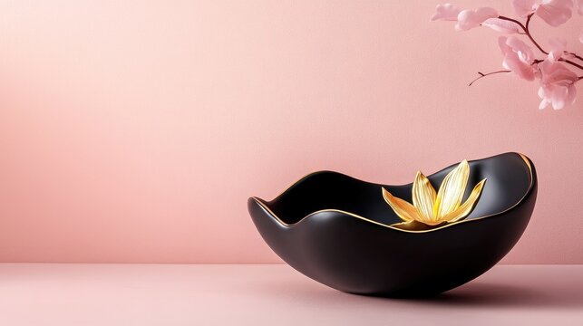 Sleek petal-shaped bowl in black and gold placed on soft pink background, elegant modern decor