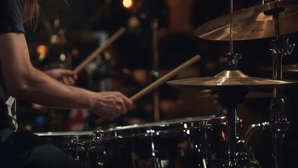 Obraz premium Musician playing drums in a recording studio. Close-up.