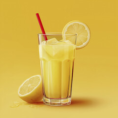 Fototapeta premium Glass of fresh lemonade is joyfully showcased with its vibrant yellow hue and inviting red straw, creating thirst quenching image of summer refreshment