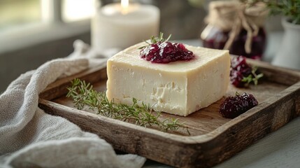 Close Up Square Cheese Topped with Red Jelly on Rustic Wooden Board with Candle White Cloth And Window