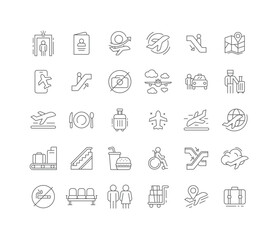 Airport Travel Essentials Icon Set for Terminals Transportation Boarding Check in and Passenger Services in Outline Style with Editable Stroke
