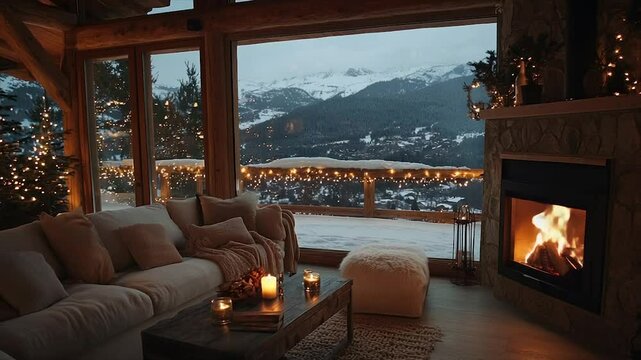 Cozy mountain chalet living room, winter wonderland.  A warm and inviting space with panoramic views of snow-capped mountains, a crackling fireplace, and Christmas decor