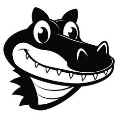 Friendly alligator smiles with big eyes and prominent teeth in a black silhouette