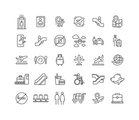 Thin Line Airport Icon Collection Featuring Travel Airplane Luggage Terminal Navigation Boarding Security and Passenger Symbol Elements