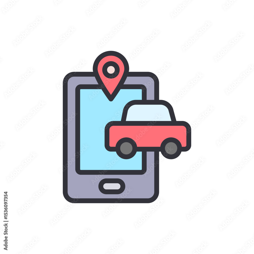 Poster stylized car location icon on mobile device with map pointer