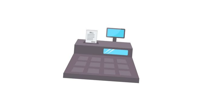 A clean animated icon showing a cashier machine or point-of-sale terminal, typically featuring buttons, screens, or receipt output. Ideal for illustrating retail checkout systems, POS technology, stor