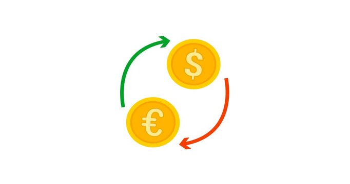 A clean animated icon depicting currency exchange, typically with rotating coins, dollar signs, or arrows. Ideal for illustrating foreign exchange (forex), currency conversion, international transacti