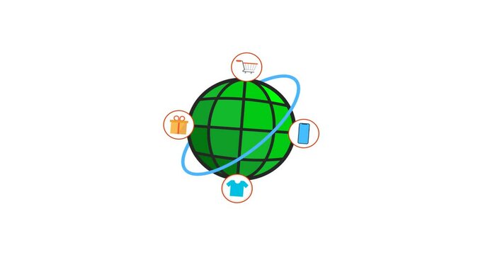An animated icon representing global shopping, featuring a shopping cart or bag with a globe element. Perfect for illustrating international ecommerce, global delivery, cross-border trade, worldwide o