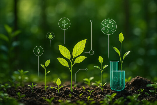 AI generated image of young green plants growing in soil with glowing biotechnology HUD icons including DNA cell structure and metabolism data visualizing smart agriculture in a lush forest setting