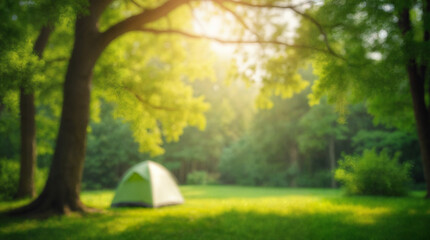 camping and defocused bokeh and blur background of garden green tree; summer vacation; travel