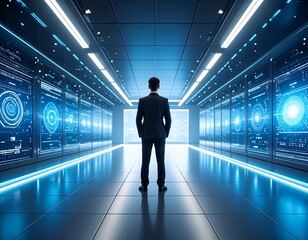 Obraz premium Businessman in futuristic server room