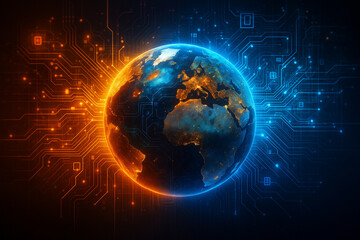 AI generated futuristic Earth surrounded by glowing digital circuits symbolizing energy flow, data systems, and advanced global connectivity