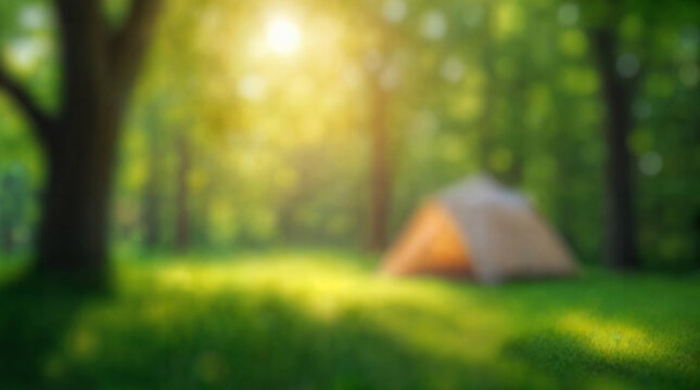 camping and defocused bokeh and blur background of garden green tree; summer vacation; travel