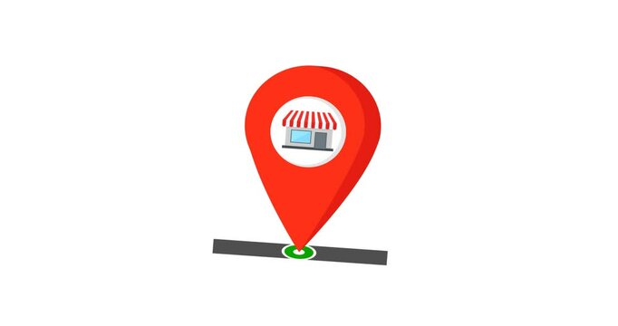 Animated shop location icon representing store locations, GPS navigation, and local business discovery. Ideal for use in shopping apps, delivery platforms, maps, e-commerce content, and business listi