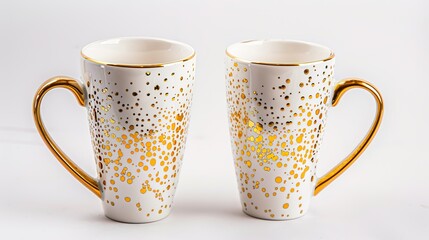  Luxury golden decor mugs elegantly isolated on a pristine white background, showcasing premium metallic finishes and intricate decorative patterns. Perfect for high-end kitchen styling, home decor, 