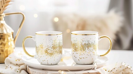 Fototapeta premium Luxury golden decor mugs elegantly isolated on a pristine white background, showcasing premium metallic finishes and intricate decorative patterns. Perfect for high-end kitchen styling, home decor, 