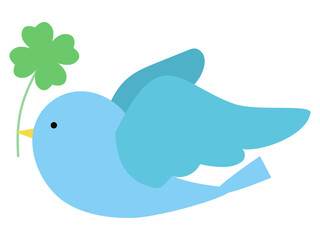 四葉のクローバーをくわえて飛ぶ幸せの青い鳥　ベクターイラスト