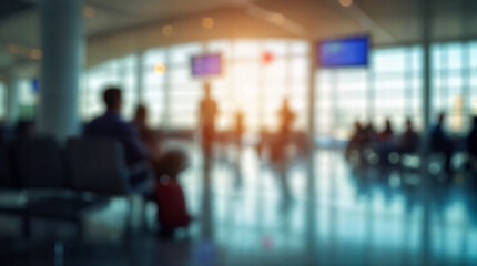 blurred people waiting for the flight departure in airport. Defocused image of an airport.