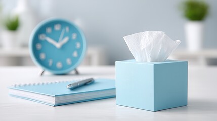 A serene workspace with a blue clock, tissue box, and notebook, promoting productivity and peaceful vibes.
