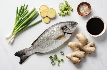 High-end advertising image of steamed fish ingredients: fresh 