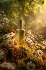 Chamomile Skincare Bottle in Meadow – Natural Organic Beauty Product in Blooming Field