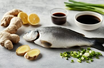 High-end advertising image of steamed fish ingredients: fresh 