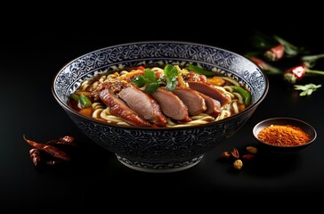 Hot and savory duck noodles in a traditional bowl with authentic