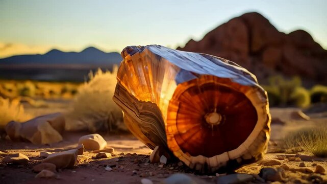 Petrified log resting on desert ground at sunset with mountain background, showcasing geological time scale and fossilized ancient tree.
