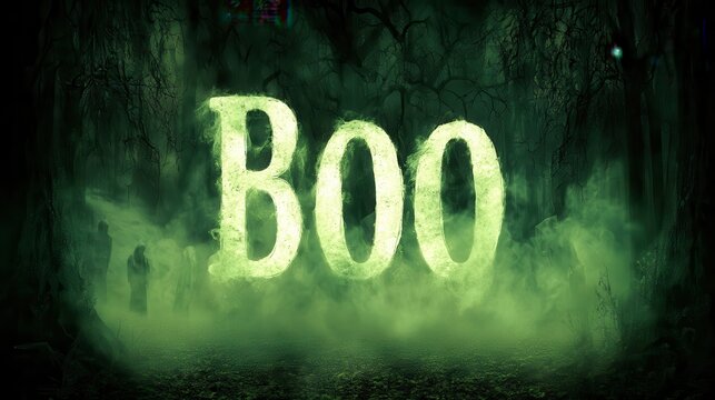 Glowing Boo! Halloween Spooky Text Art in Haunted Woods