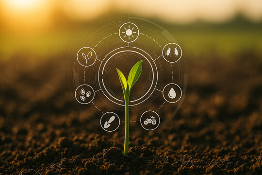 AI generated image of a green seedling growing from fertile soil with circular HUD overlay showing smart farming icons including sunlight moisture pests seeds tools and automation equipment.