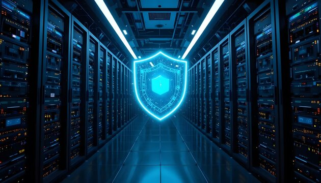 Cyber Security Shield in a Dark Data Center with Glowing Servers