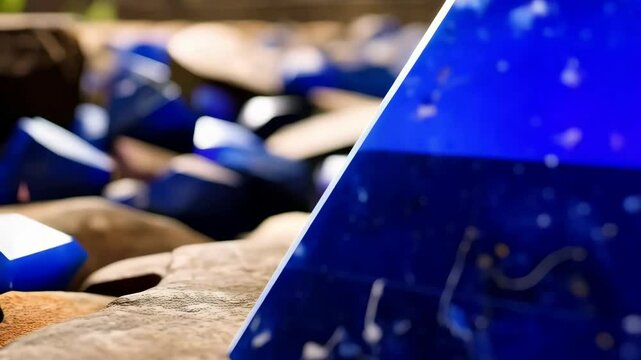 Vibrant royal blue lapis lazuli pyramid shaped gemstone, small crystal pieces, healing properties, spiritual altar objects, wellness and metaphysical properties.
