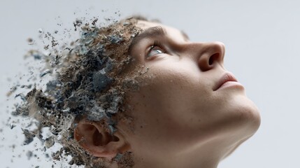 A surreal portrayal of a person's head disintegrating, symbolizing mental transformation and emotional depth.